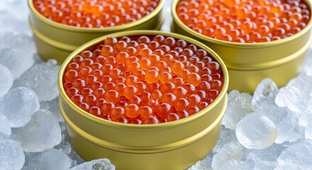 Luxurious red caviar glistens in golden tins, chilled on ice, a culinary delight for gourmet feasts