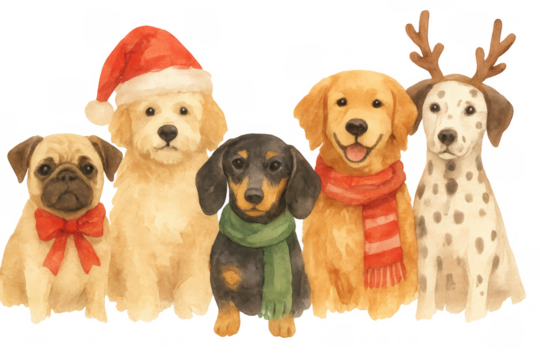 Dogs wearing christmas accessories, watercolor illustration creating happy holiday pet concept on transparent background