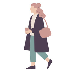くすみピンクの髪の女性がテイクアウトドリンクを持って歩くイラスト