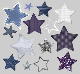Different texture star patches set isolated on background. Vector realistic illustration of denim fabric, wicker, crumpled paper, doodle, crayon and glitter labels, vintage fashion design elements
