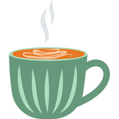 A light blue green ceramic mug with vertical lines filled with orange liquid and white swirls emitting steam on a transparent background