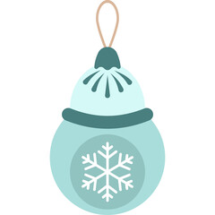 A light blue glass christmas ornament with a snowflake design hangs from a tan string against a transparent white background