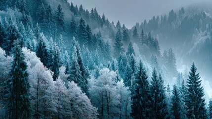Obraz premium Snow-covered forest landscape in winter frosted trees cold blue tones serene and quiet environment soft natural light