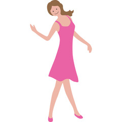 A happy young woman wearing a pink sundress and matching shoes dances with her arms outstretched against a transparent white background, with her head tilted and a joyful expression on her face