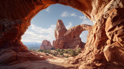 Giant sandstone arches rising from red earth defining the contours of an epic landscape