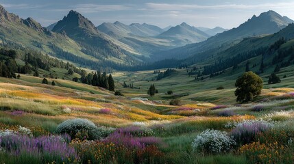 Panoramic mountain landscape with rolling hills wildflowers in bloom grazing deer soft pastel tones tranquil nature