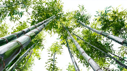 Digital Painting of Bamboo — Ultra-Wide Narrow Composition on White Background