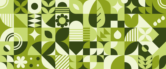 Bauhaus geometric grid with plant shapes - leaves, flowers and circles in green color for modern decorative background. Abstract botanical mosaic of nature motifs with retro architectural style. © klyaksun