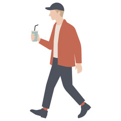 水色のテイクアウトドリンクを持って歩く金髪の男性のイラスト