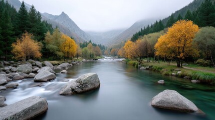 Scenic Wide Angle River Landscape with Autumn Trees and Snow Capped Mountains Under a Cloudy Sky