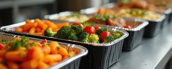 Row of aluminum foil containers filled with diverse prepped healthy meals. Package contains fresh broccoli, baby carrots, cherry tomatoes, cooked meat, side dish. Fresh meals ready for delivery,