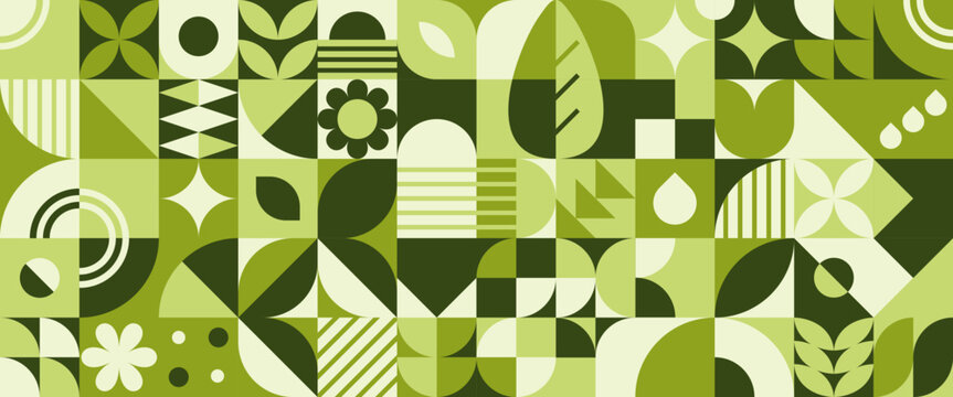 Bauhaus geometric grid with plant shapes - leaves, flowers and circles in green color for modern decorative background. Abstract botanical mosaic of nature motifs with retro architectural style.