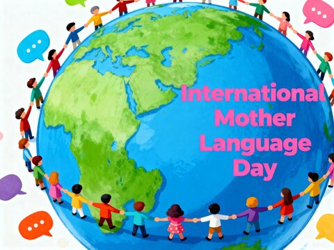 international mother language day illustration with diverse children holding hands around earth globe celebrating multilingual unity