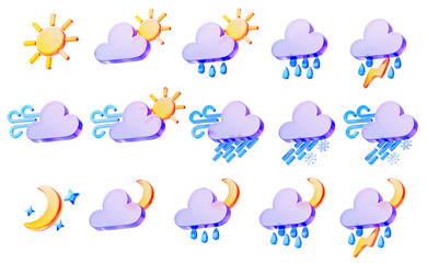 3d weather forecast widget icons. Render set of sun, moon and stars. Glass holographic clouds with wind, rain, thunderstorm, lightning, storm, rainfall and snow for meteorology app