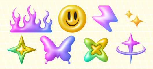 3d y2k object collection with glossy gradient flames, yellow smiling face, lightning bolt and sparkles for retro design. Butterfly and star shapes with orbital ring elements in vibrant colors.