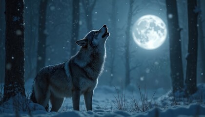 Naklejka premium A majestic wolf howls at full moon in snowy forest. Winter night scene with animal in nature. Wild wolf portrait on cold landscape. Lonely wolf creature under moonlight.