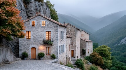 Stone Village House Nestled into a Rocky Hillside with Warmly Lit Windows and Misty Mountains in the Background
