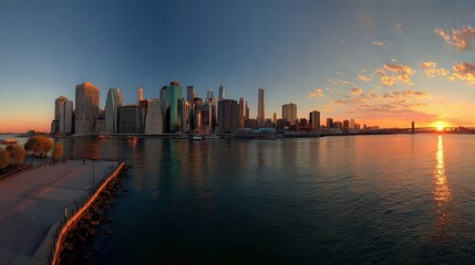 Fototapeta premium A stunning skyline panorama at sunset, featuring tall buildings reflected in the calm water, with vibrant colors lighting the sky.