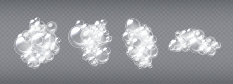 Soap sud bubbles set isolated on transparent background. Vector realistic illustration of cleaning detergent, shampoo or washing gel foam clouds, bathroom, shower or soapy laundry design elements