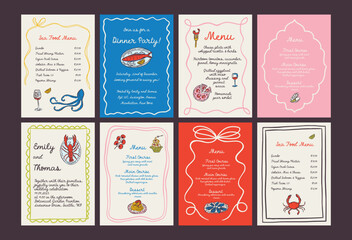 Naklejka premium Whimsical hand drawn sea food poster and menu template in trendy whimsical style. Perfect doodle for quirky italian dinner restaurant and cafe, kitchen wall art, poster, party, birthday, sign