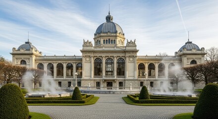 Obraz premium Majestic architectural landmark with dome and fountains in tranquil garden setting