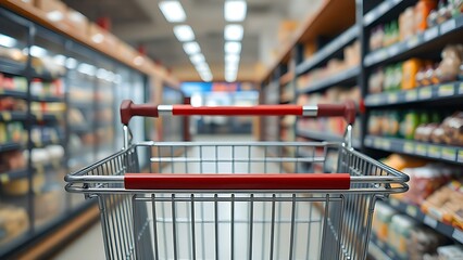 shoppinglist. Shopping cart in supermarket aisle with clean metal frame and blurred grocery background. pitch deck slides, case study pages, designed for brand storytelling and e-commerce strategy.