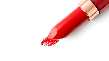 walgreens. Bright red lipstick texture smear, showcasing creamy cosmetic product detail on a clean white background. lifestyle magazines.