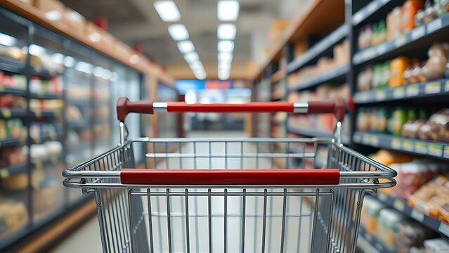 shoppinglist. Shopping cart in supermarket aisle with clean metal frame and blurred grocery background. pitch deck slides, case study pages, designed for brand storytelling and e-commerce strategy.