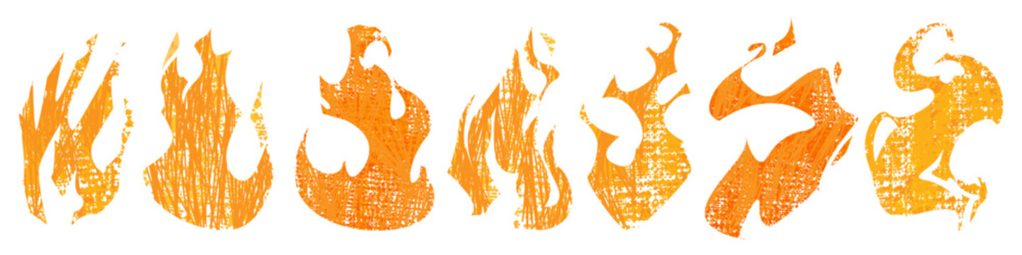 Hand drawn fire icons set isolated on white background. Vector cartoon illustration of abstract orange and yellow flame shapes, street art crayon or chalk graffiti, grungy punk tattoo design element