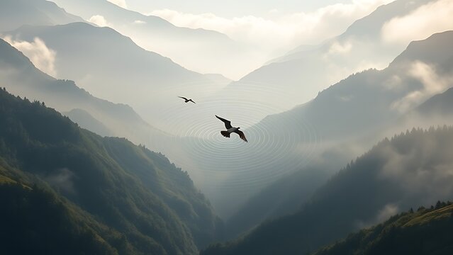 infrasound. Mountain valley with concentric sound ripples in air, a bird in flight creating acoustic patterns through morning mist. travel magazines.