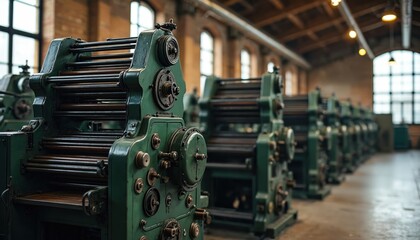 Industrial interior with vintage printing machines. Green machinery arranged in factory. Old equipment used for newspaper print production. Printshop with manufacturing mechanical devices. Nobody.