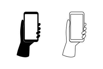 Hand holding Mobile phone icon,Smartphone in hand icon,Line style and black silhouette. Flat vector illustration design isolated on white background.