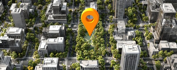 A 3D aerial view of a cityscape featuring modern buildings, greenery, and a prominent location marker highlighting a specific area.