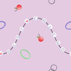 Seamless pattern with a friendship bracelet. Hand drawn on a purple background. Watercolor illustration in a simple, childish style.