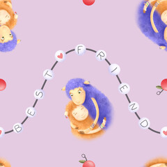 A seamless pattern with a friendship bracelet and sheep characters. Watercolor illustration in a simple, childish style. Hand drawn on a purple background.