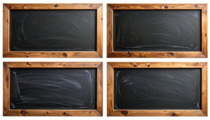 Four framed chalkboards, dark gray, with chalk residue smears
