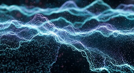 Abstract Digital Landscape Visualization of Big Data Analysis Represented by Glowing Blue Particle Waves and Frequency Oscillations