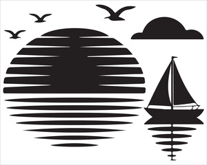 Minimalist black and white silhouette of a sailboat on the sea with flying birds, large setting sun, and cloud reflection, symbolizing travel, peace, and freedom in modern vector design