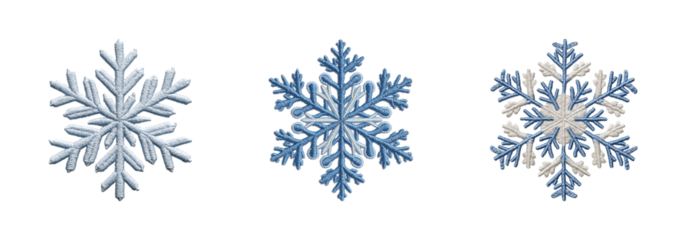 set of three snowflake embroidery patch winter frost ice crystal isolated on transparent background, png