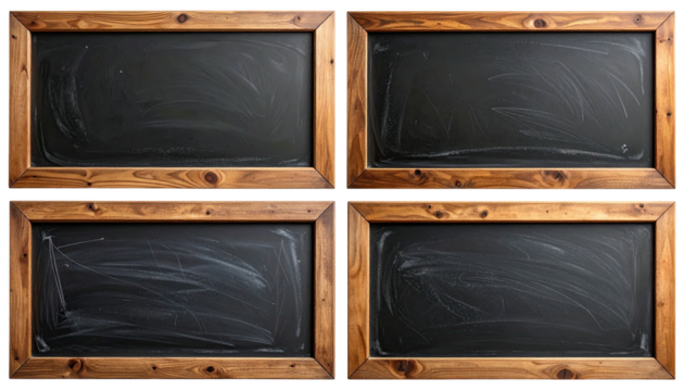 Four framed chalkboards, dark gray, with chalk residue smears - Powered by Adobe