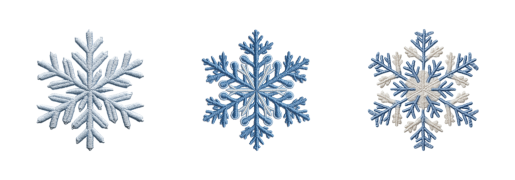 set of three snowflake embroidery patch winter frost ice crystal isolated on transparent background, png