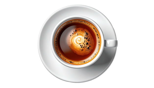 Coffee cup overhead, white ceramic saucer, black background