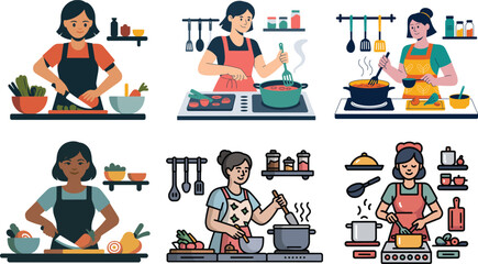 Diverse women cooking and preparing food in a kitchen setting