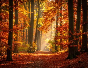 Obraz premium A sunlit path winds through a forest of tall, colorful trees in the autumn season