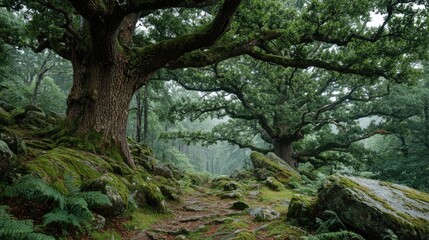 Ancient oak trees towering over picturesque forest landscape evoking sense of history and mystery