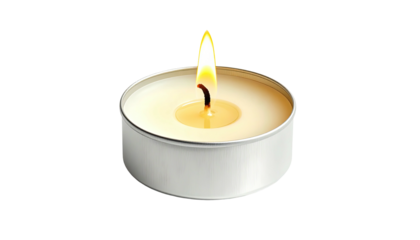 Lit tea light candle centered against a black background