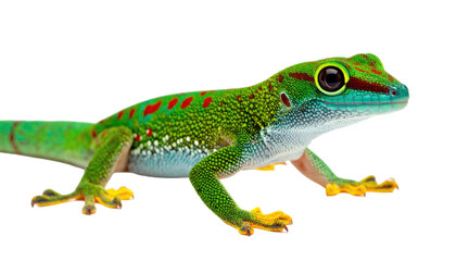 Fototapeta premium Vivid green gecko with red spots, set against a dark backdrop