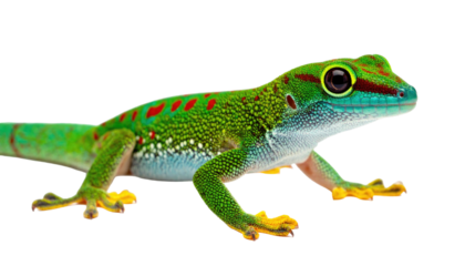 Vivid green gecko with red spots, set against a dark backdrop