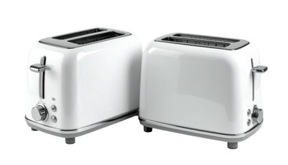 Two white toasters sit angled; one with lever facing the camera
