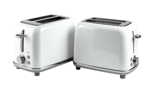 Two white toasters sit angled; one with lever facing the camera